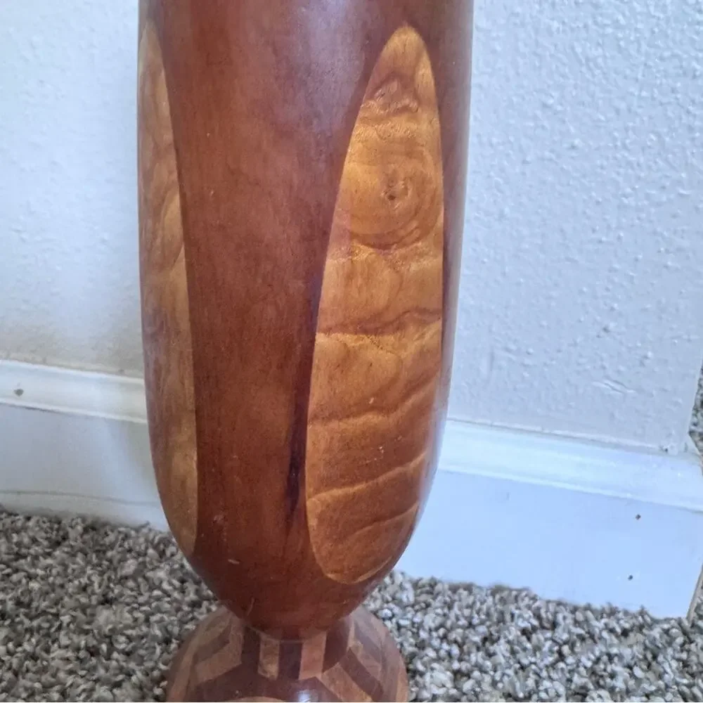 Vintage 1940s Wood Inlay Lidded Vase Artist Signed Unique MCM Home Decor